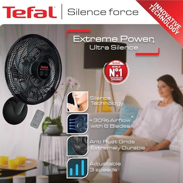 Tefal Silence Force Wall Fan with Remote Control, 16 Inch, 3 Speeds, Black - VG4151EE