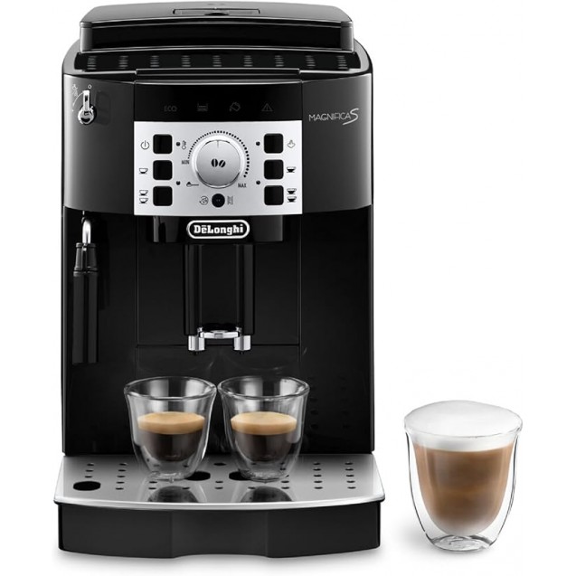 De'Longhi MAGNIFICA S SMART Bean To Cup Fully Automatic Coffee Machine With Milk Frother, Built In Grinder, Americano, Cappuccino, Latte, Macchiato & Espresso Maker ECAM22.110.B Black and silver