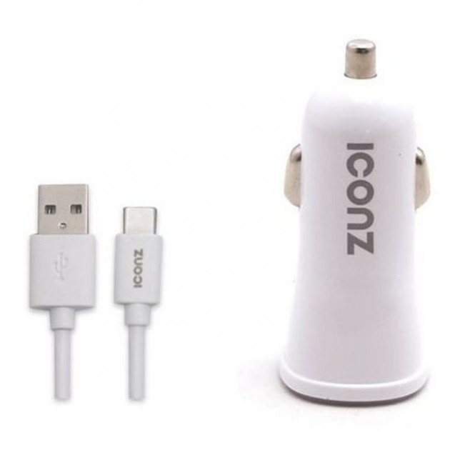 Iconz Single USB 2.4A Car Charger + Type C Cable 1m White