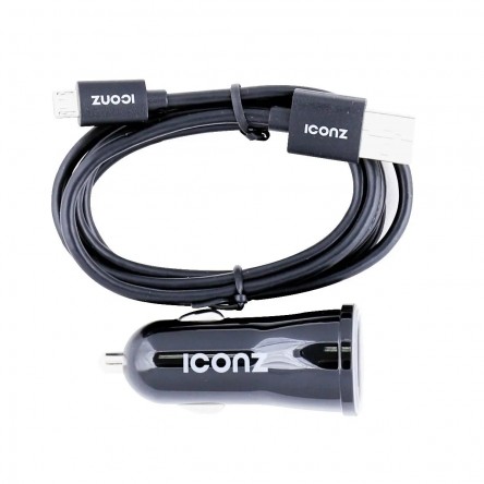 ICONZ Car Charger with Micro USB Cable, 2 Ports, Black -