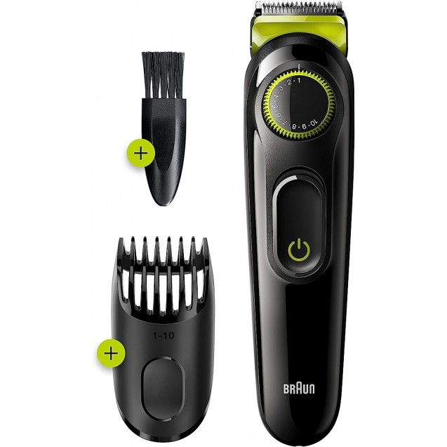 Braun Beard Trimmer BT3221 For Men, Lifetime Sharp Blades, 20 Length Settings, 50Mins Cordless Trimming, Black/Volt Green