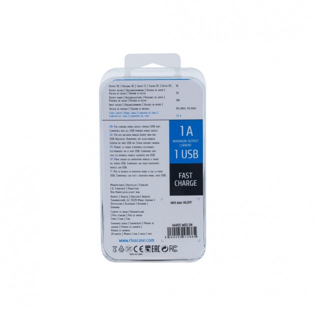 RIVACASE VA4115 WD2 EN wall charger (1 USB /1 A), with MFi Lightning cable