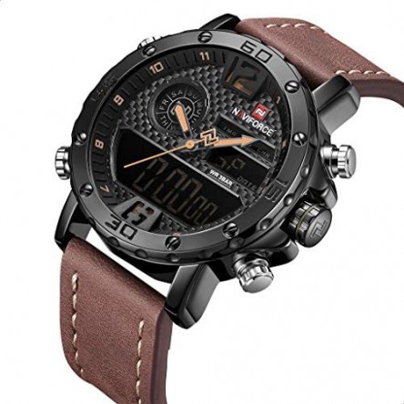 Naviforce  Leather Round Analog-Digital Watch for Men