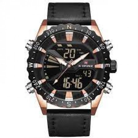 Naviforce  Leather Round Analog-Digital Watch for Men