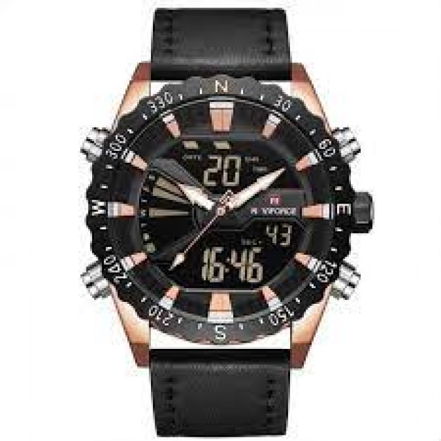 Naviforce  Leather Round Analog-Digital Watch for Men
