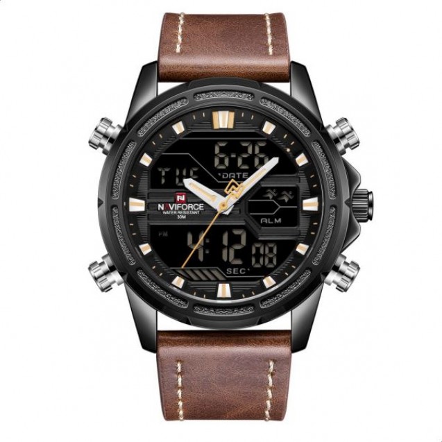 Naviforce Leather Round Analog-Digital Watch for Men
