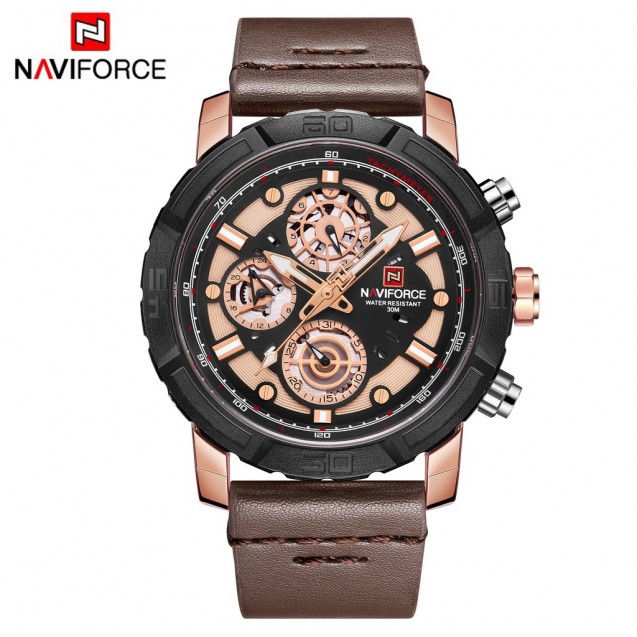 Naviforce Leather Round Analog Watch for Men
